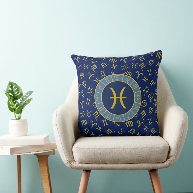 Pisces Zodiac+Astrology Symbols Pattern Gold+Blues Throw Pillow (Chair)
