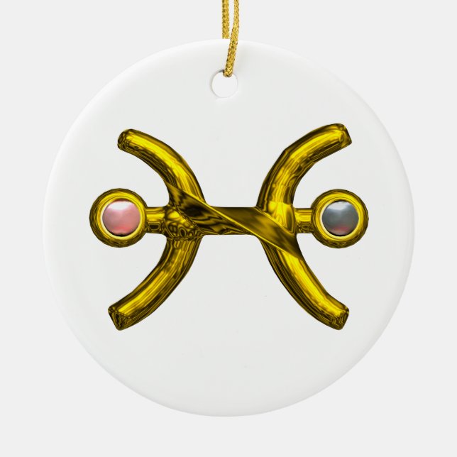 PISCES ZODIAC BIRTHDAY JEWEL PINK WHITE PEARL Gold Ceramic Ornament (Front)