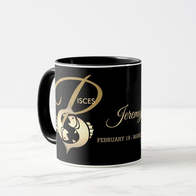 Pisces ♓ Zodiac Birthday Sign / Black and Gold Mug (Front Left)