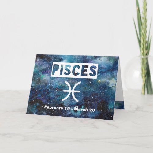 Pisces Zodiac Blue Watercolor Galaxy Birthday Card