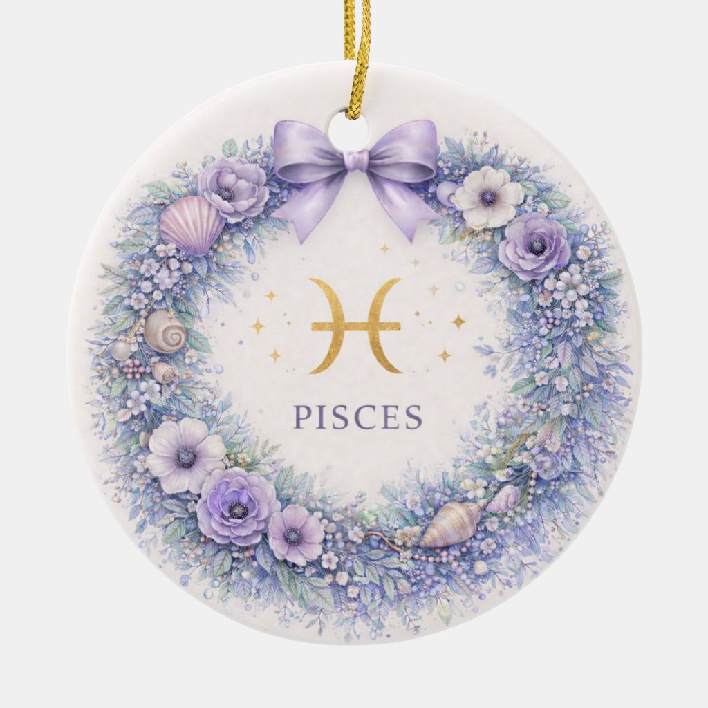 Pisces Zodiac Christmas Ornament with Winter Wreath
