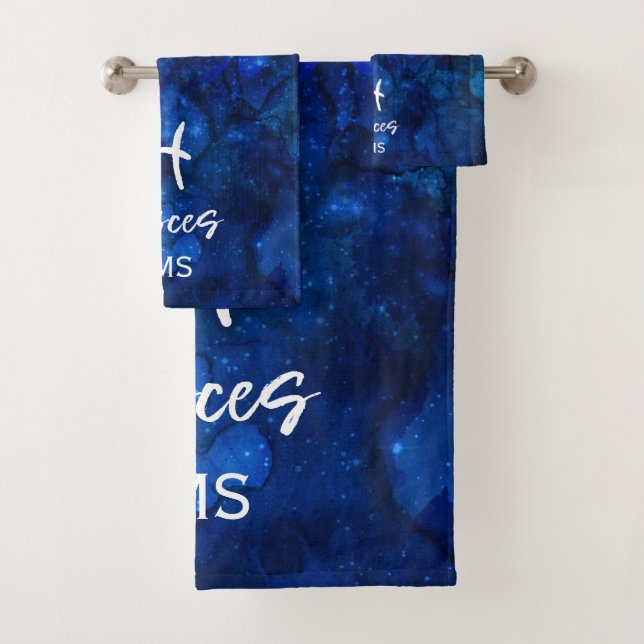 Pisces Zodiac Constellation Blue Galaxy Monogram Bath Towel Set (Insitu)