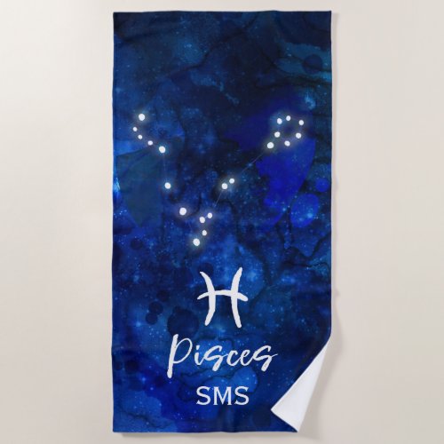 Pisces Zodiac Constellation Blue Galaxy Monogram Beach Towel