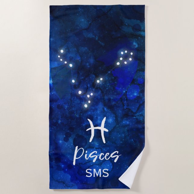 Pisces Zodiac Constellation Blue Galaxy Monogram Beach Towel (Front)