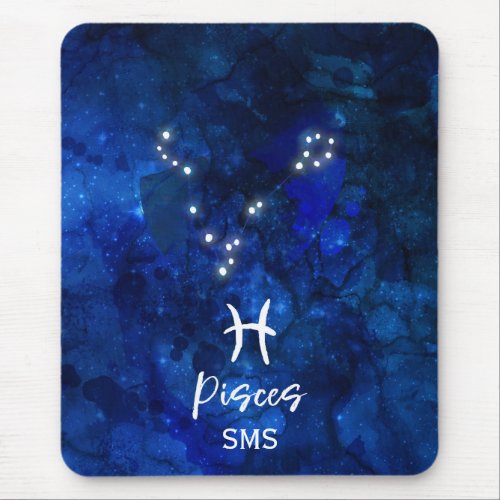 Pisces Zodiac Constellation Blue Galaxy Monogram Mouse Pad