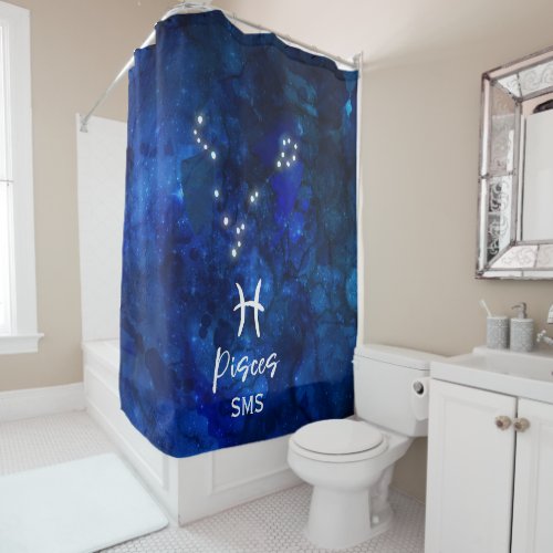 Pisces Zodiac Constellation Blue Galaxy Monogram Shower Curtain