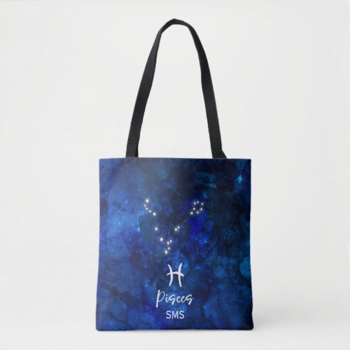 Pisces Zodiac Constellation Blue Galaxy Monogram Tote Bag