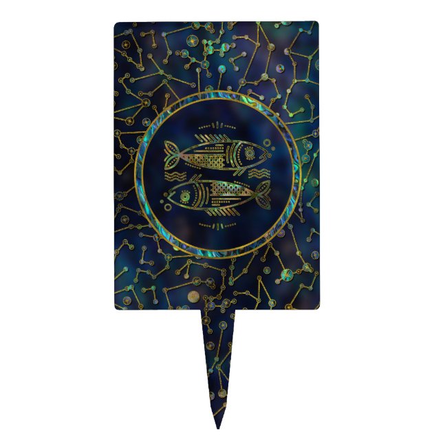 Pisces Zodiac Gold Abalone on Constellation Cake Topper (Front)