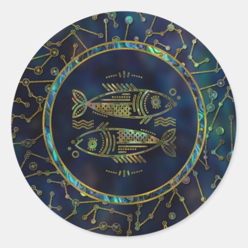 Pisces Zodiac Gold Abalone on Constellation Classic Round Sticker