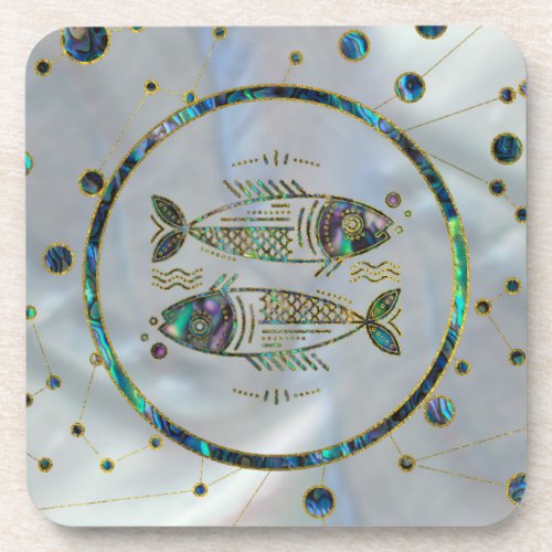 Pisces Zodiac Gold Abalone on Constellation Drink Coaster