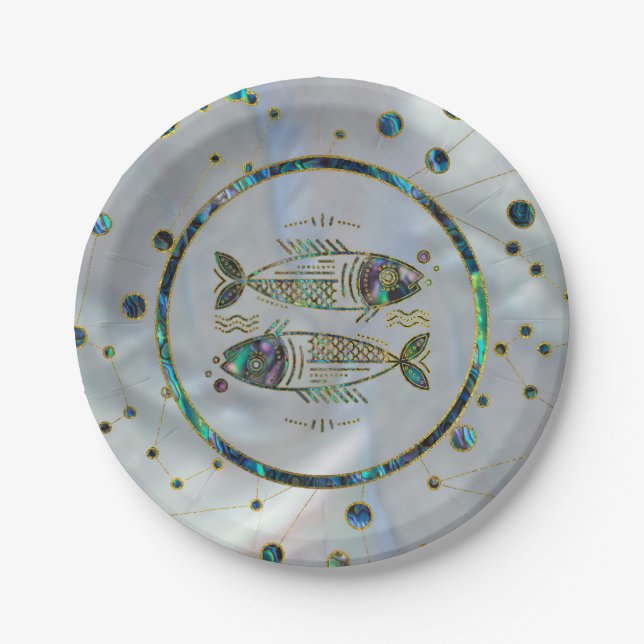 Pisces Zodiac Gold Abalone on Constellation Paper Plates (Front)