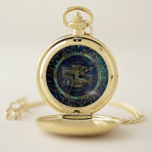 Pisces Zodiac Gold Abalone on Constellation Pocket Watch