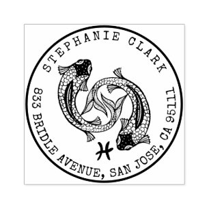 Pisces Zodiac Hand-drawn Fish Return Address Rubber Stamp