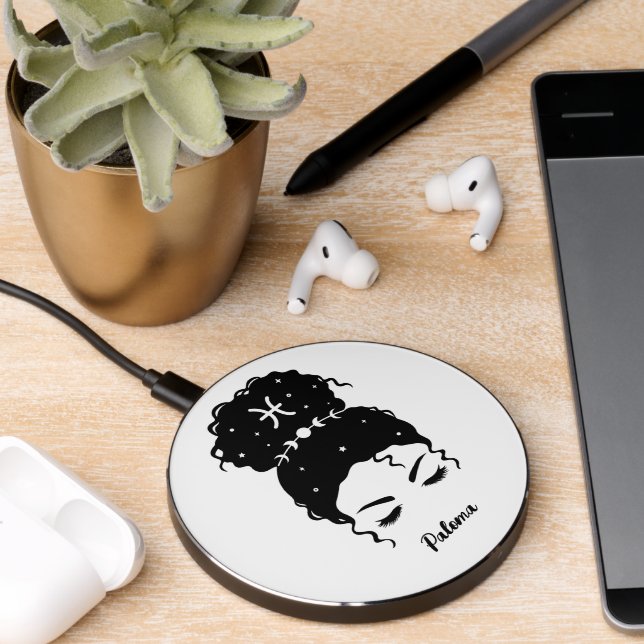 Pisces zodiac messy bun astrology personalized wireless charger  (Desk 2)