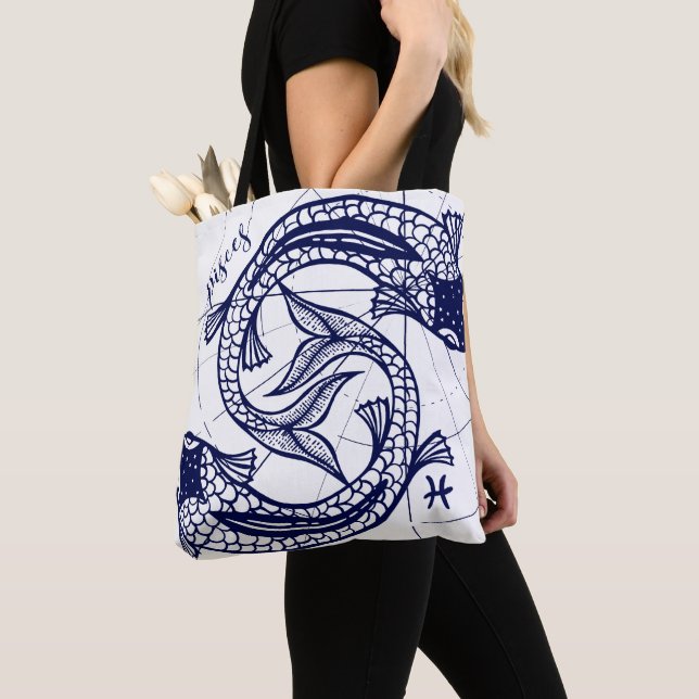 Pisces Zodiac Navy & Gold Monochrome Graphic Tote (Close Up)