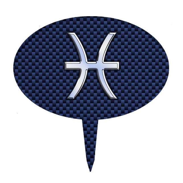 Pisces Zodiac on Blue Carbon Fiber Print Cake Topper (Front)