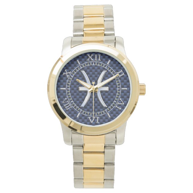 Pisces Zodiac on Blue Carbon Fiber Print Dial Watch (Front)