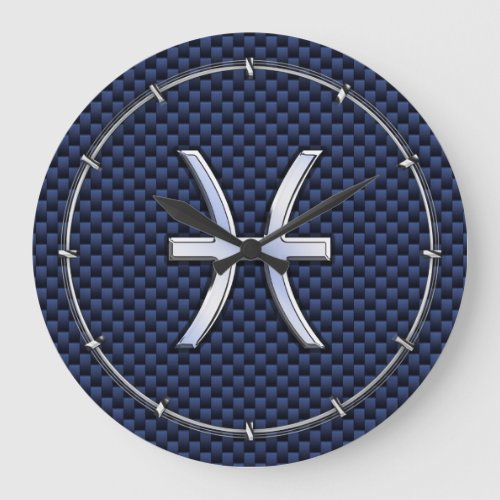 Pisces Zodiac on Blue Carbon Fiber Print Large Clock