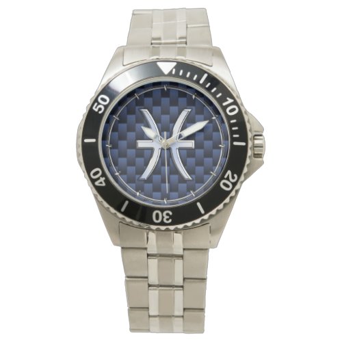 Pisces Zodiac on Blue Carbon Fiber Print Watch