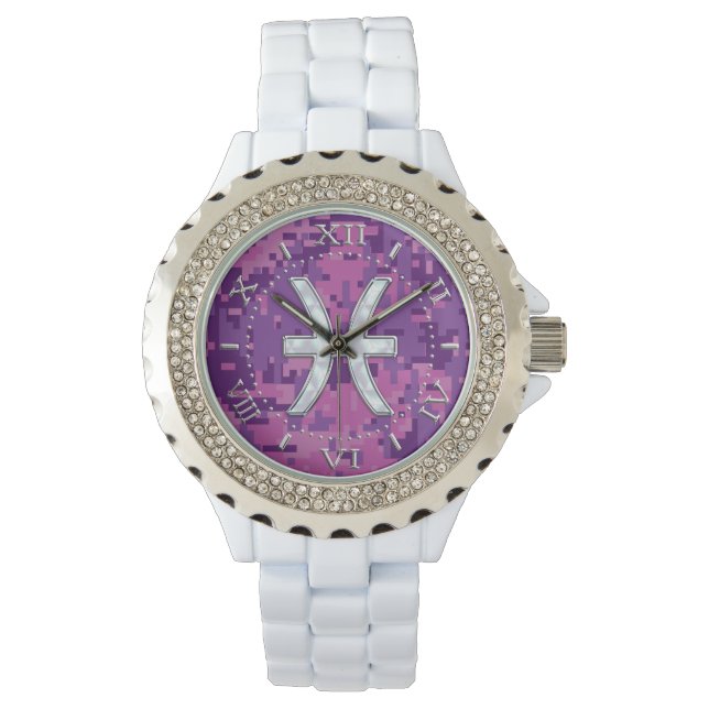 Pisces Zodiac on Fuchsia Pink Camouflage Dial Watch (Front)