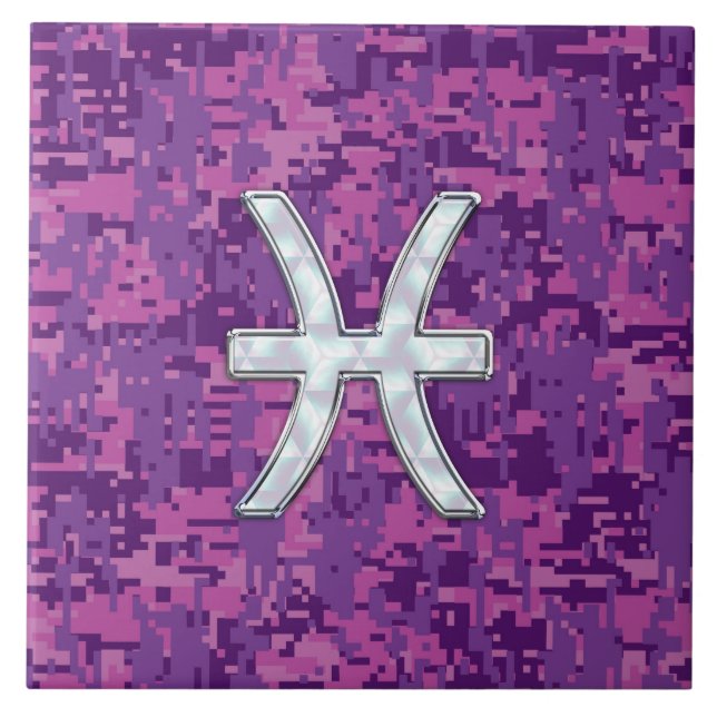 Pisces Zodiac on Fuchsia Pink Digital Camouflage Ceramic Tile (Front)