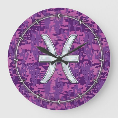 Pisces Zodiac on Fuchsia Pink Digital Camouflage Large Clock