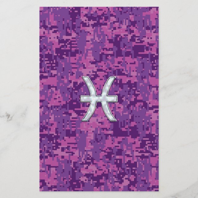 Pisces Zodiac on Fuchsia Pink Digital Camouflage Stationery (Front)
