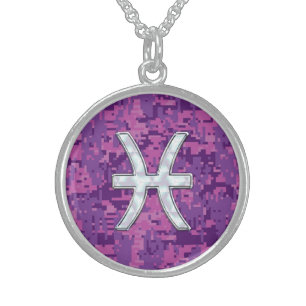 Pisces Zodiac on Fuchsia Pink Digital Camouflage Sterling Silver Necklace
