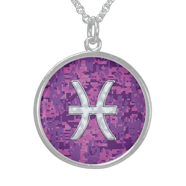 Pisces Zodiac on Fuchsia Pink Digital Camouflage Sterling Silver Necklace (Front)