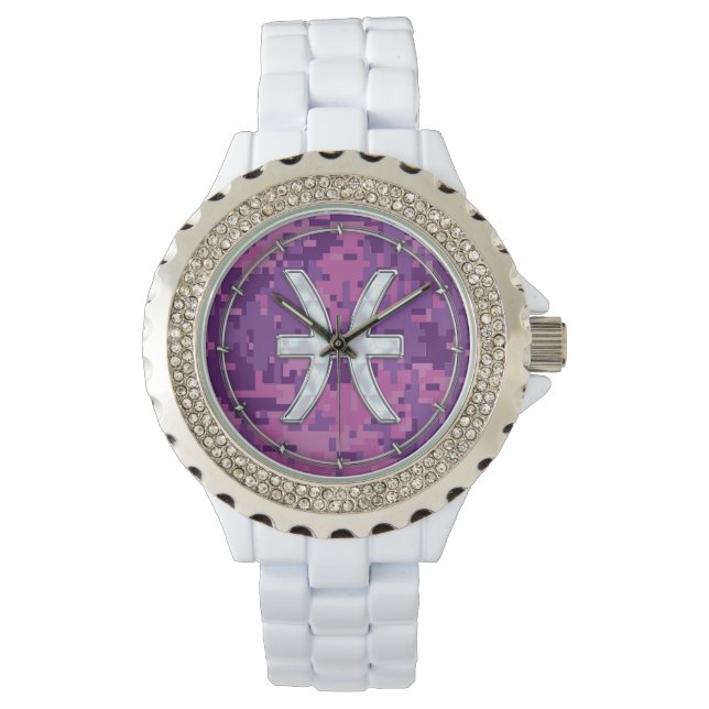 Pisces Zodiac on Fuchsia Pink Digital Camouflage Watch (Front)