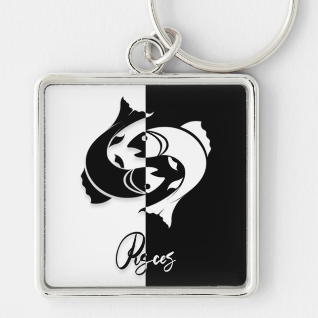 Pisces Zodiac Sign, Black & White Keychain (Front)