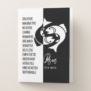 Pisces Zodiac Sign, Black & White Pocket Folder