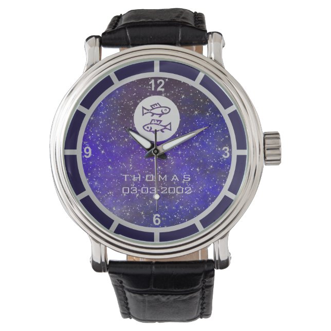 Pisces Zodiac Sign Elegant Custom Name Dark Blue Watch (Front)