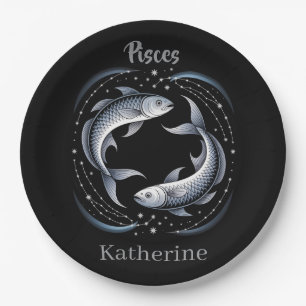 Pisces Zodiac Sign Illustration with Custom Name Paper Plates