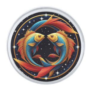 Pisces Zodiac Sign in a Cosmic Artistic Style Silver Finish Lapel Pin