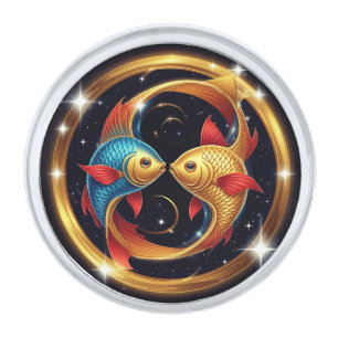 Pisces Zodiac Sign in a Cosmic Artistic Style Silver Finish Lapel Pin