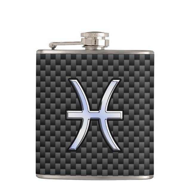 Pisces Zodiac Sign in Carbon Fiber Style Flask (Front)