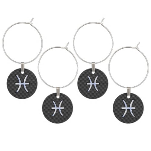 Pisces Zodiac Sign in Carbon Fiber Style Wine Glass Charm