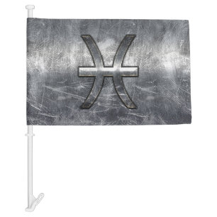 Pisces Zodiac Sign in Grunge Silver Steel Style Car Flag