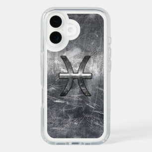 Pisces Zodiac Sign in Grunge Silver Steel Style iPhone 16 Case
