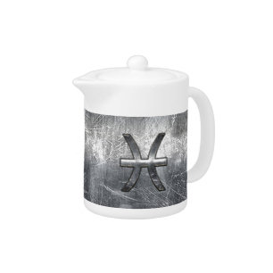 Pisces Zodiac Sign in grunge steel style decor Teapot