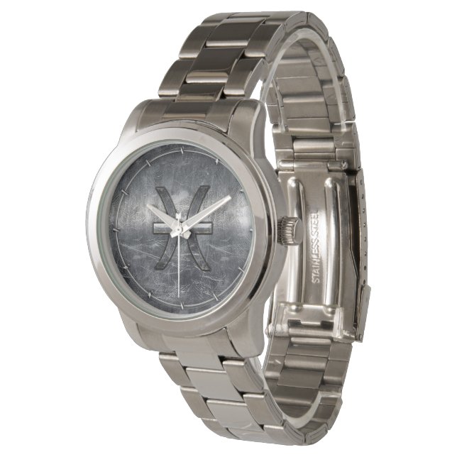 Pisces Zodiac Sign in grunge steel style Watch (Angled)