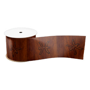 Pisces Zodiac Sign in Mahogany Wood Decor Satin Ribbon