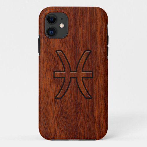 Pisces Zodiac Sign in Mahogany wood style iPhone 11 Case