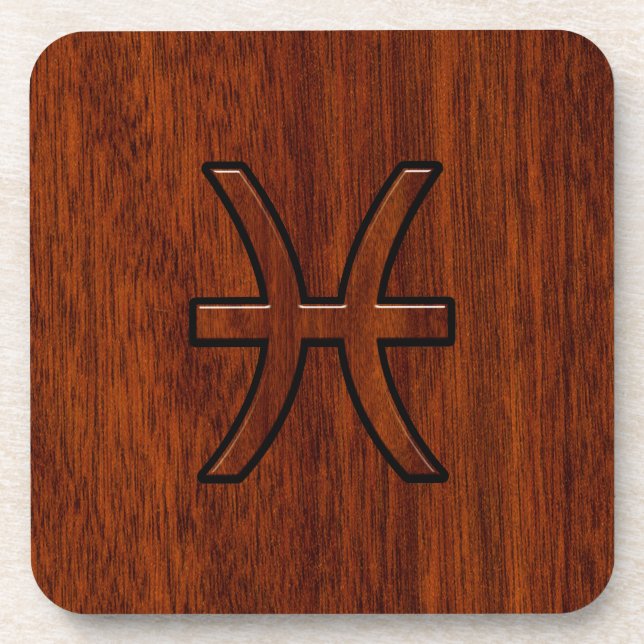 Pisces Zodiac Sign in Mahogany wood style Coaster (Front)
