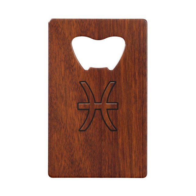 Pisces Zodiac Sign in Mahogany Wood Style Credit Card Bottle Opener (Front)
