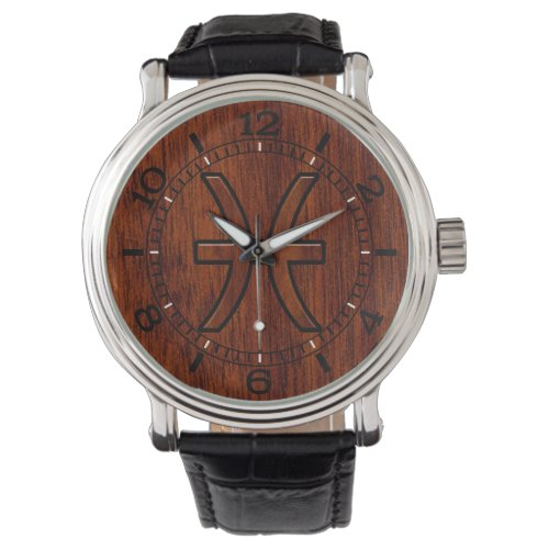 Pisces Zodiac Sign in Mahogany wood style Dial Watch