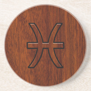 Pisces Zodiac Sign in Mahogany wood style Drink Coaster