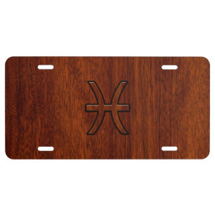 Pisces Zodiac Sign in Mahogany Wood Style License Plate