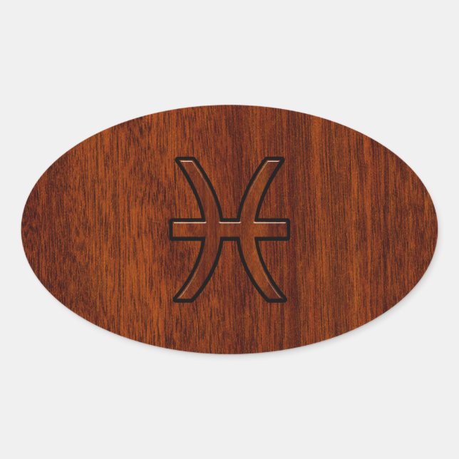 Pisces Zodiac Sign in Mahogany wood style Oval Sticker (Front)